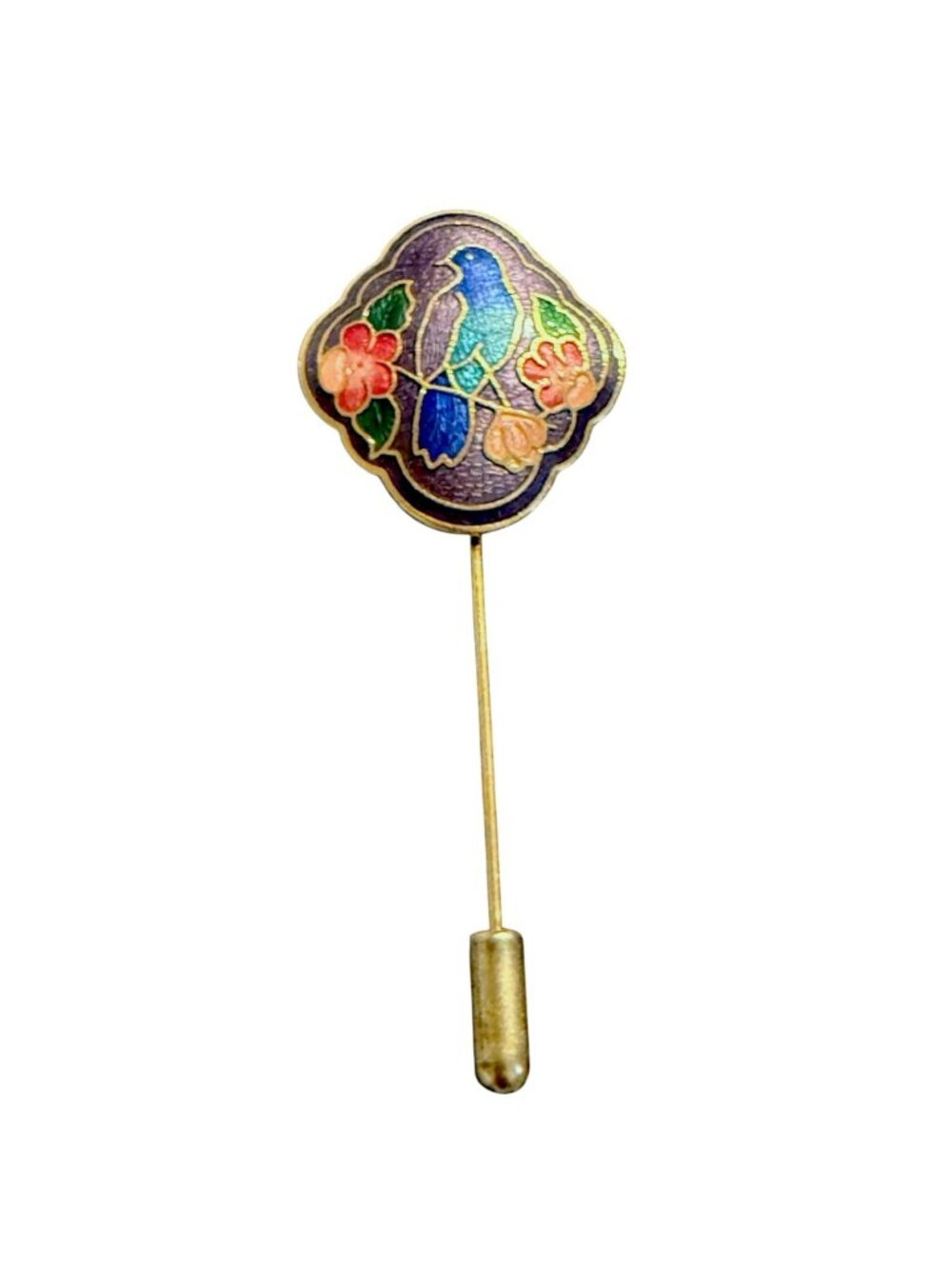 Vintage Cloisonné Bird/Floral Stick Pin Gold Tone Enamel Accent Jewelry Accessor